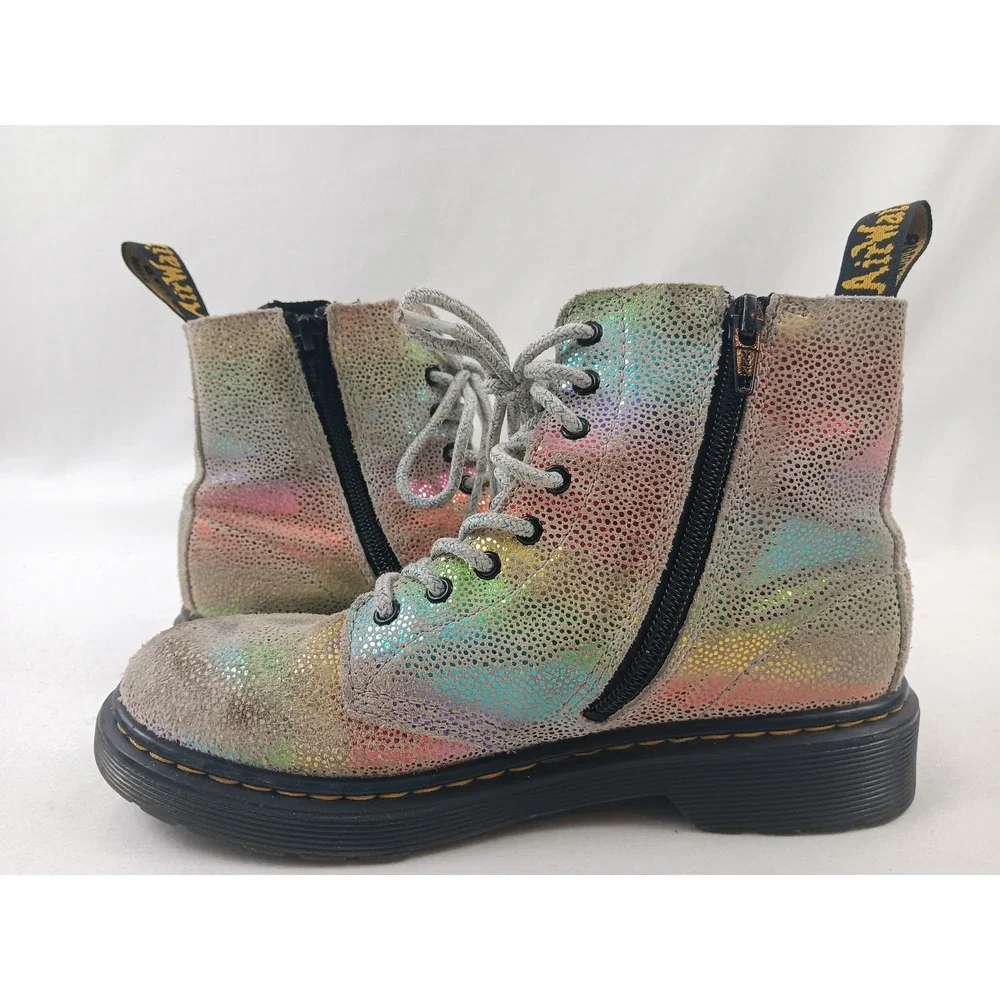 Dr Martens 1460 Pascal Rainbow Glitter Leather Boots Kids Size 3‎ US Gray